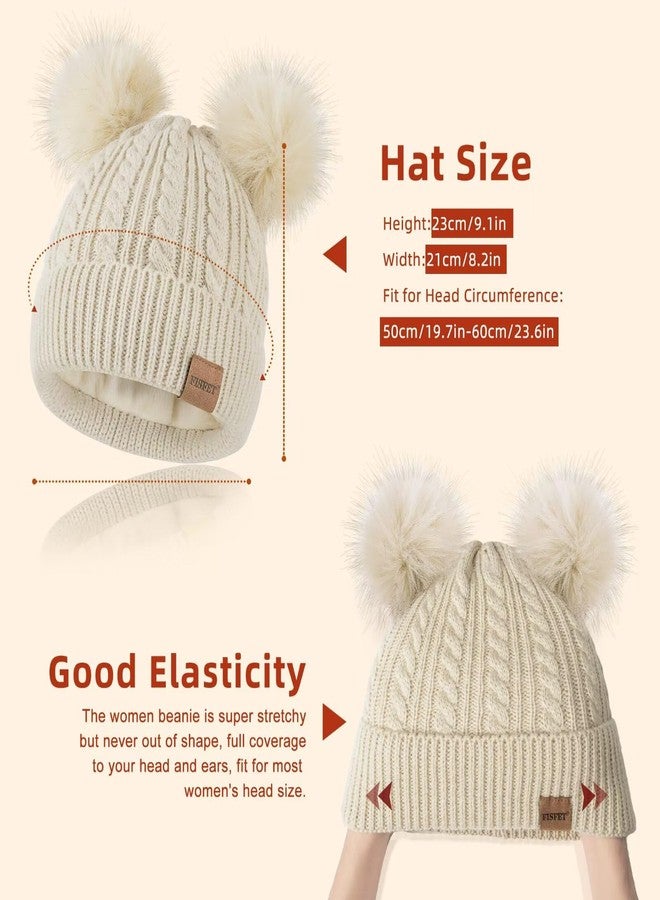 FISFET Beanies Women with Double Pom Pom, Winter Hats for Women Cold Weather Warm Cable Knit Fleece Lined, Cute Beanie Cap for Daily Use(Oatmeal) - Image 3